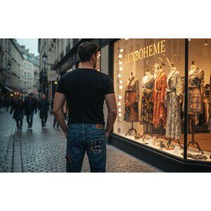 Mens Vintage Americana Denim Cargo Jeans W36 L33 Embroidered Patches Jean Pants